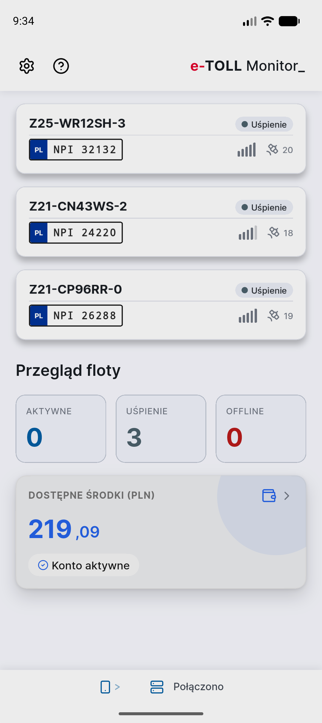 Przegląd floty i saldo e‑TOLL