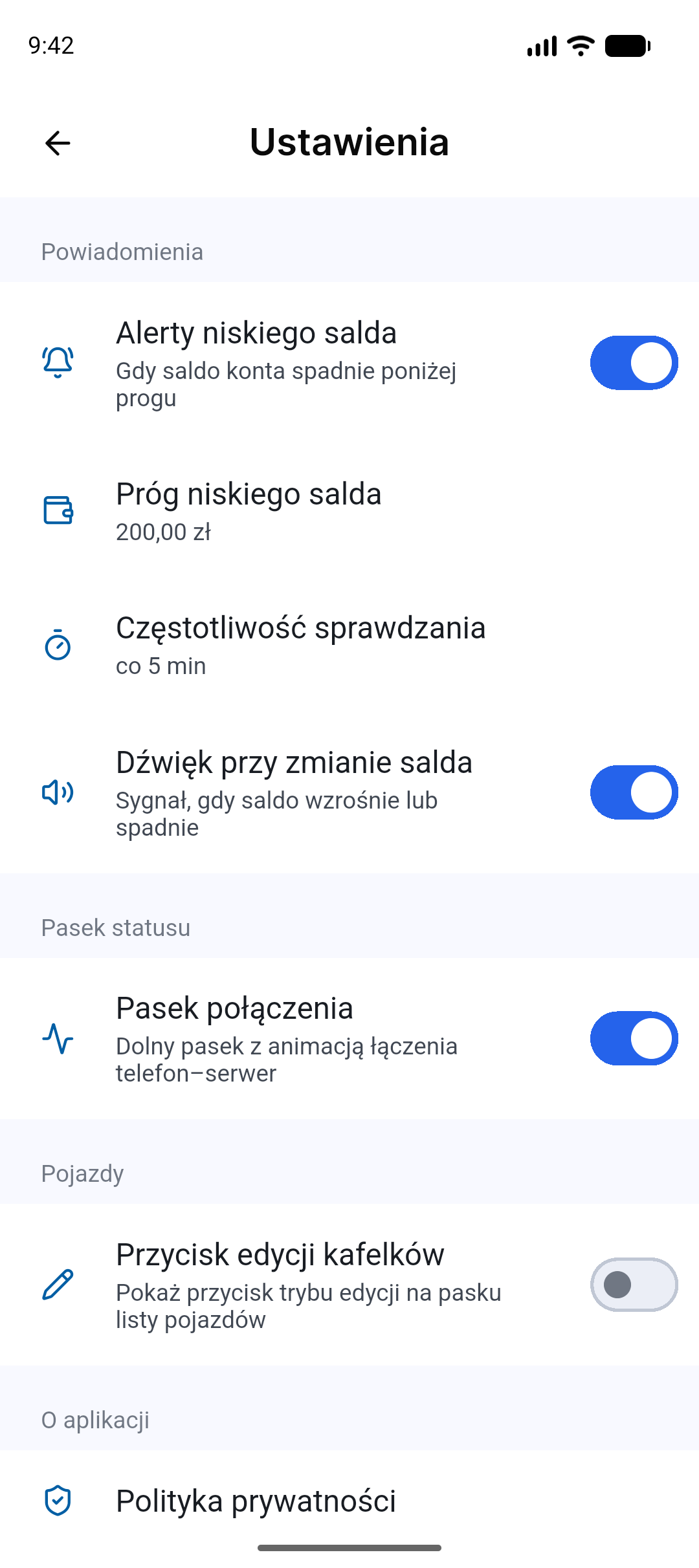 Ustawienia: alerty niskiego salda