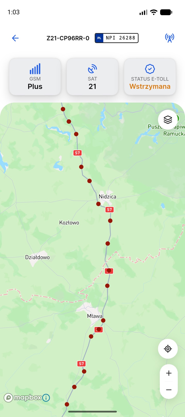 Mapa z zaznaczonymi bramownicami kontrolnymi e‑TOLL