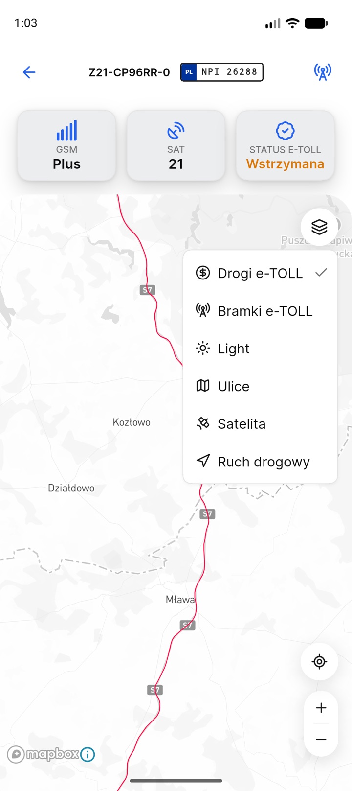 Menu przełącznika widoków mapy w aplikacji e‑TOLL Monitor