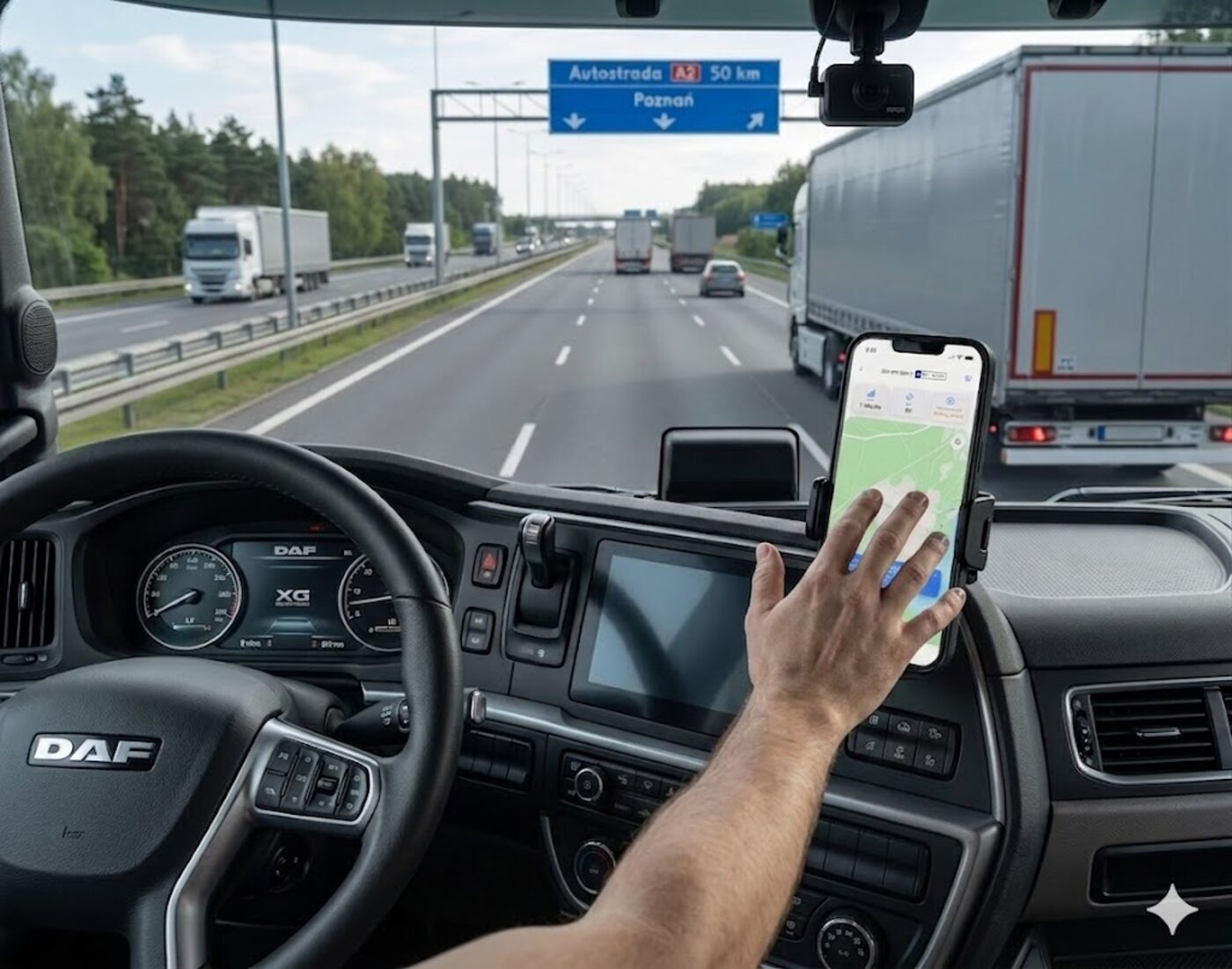 Kierowca korzysta z aplikacji e‑TOLL Monitor w kabinie ciężarówki