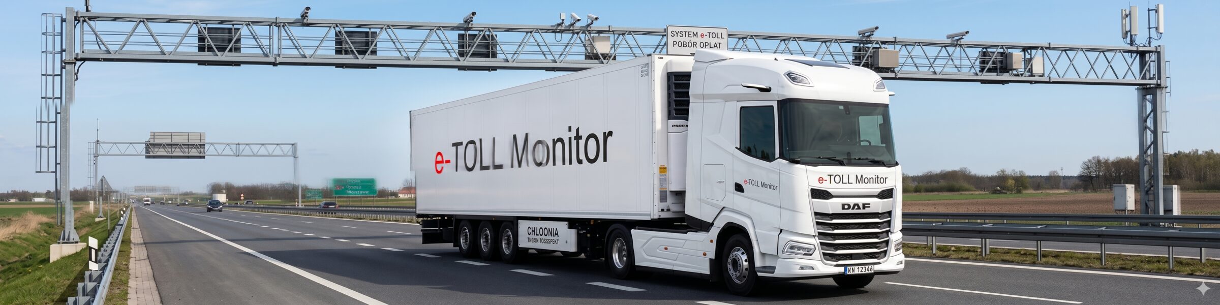 Ciężarówka z aplikacją e‑TOLL Monitor przejeżdża pod bramownicą systemu e‑TOLL